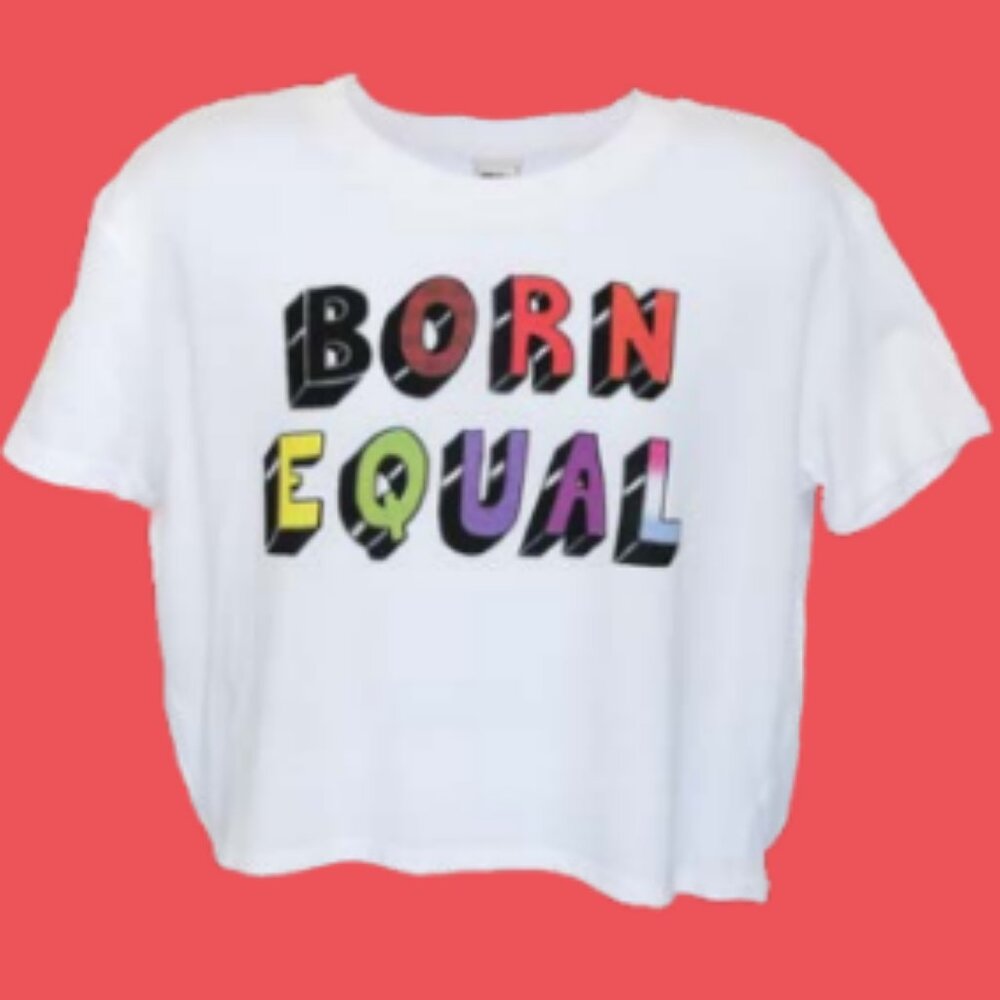 Unisex One size "BORN EQUAL" Rainbow Lettering Cropped Pride Graphic T